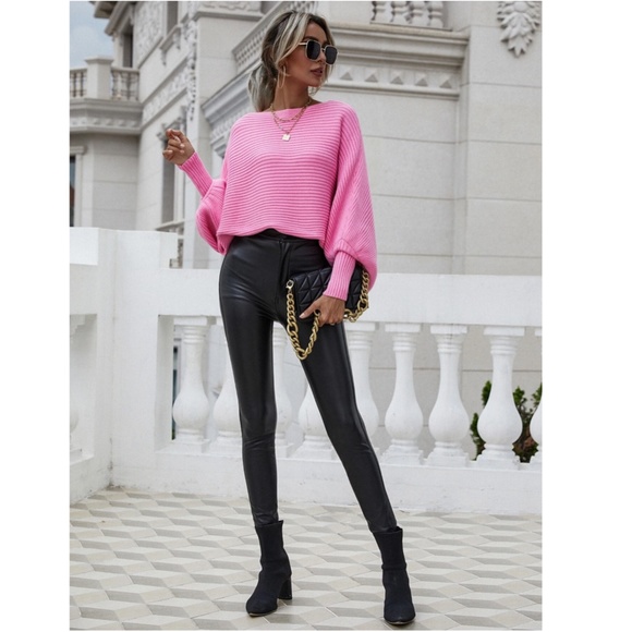 Pink Boat Neck Batwing Oversized Sleeves Knit Sweater - Picture 3 of 9